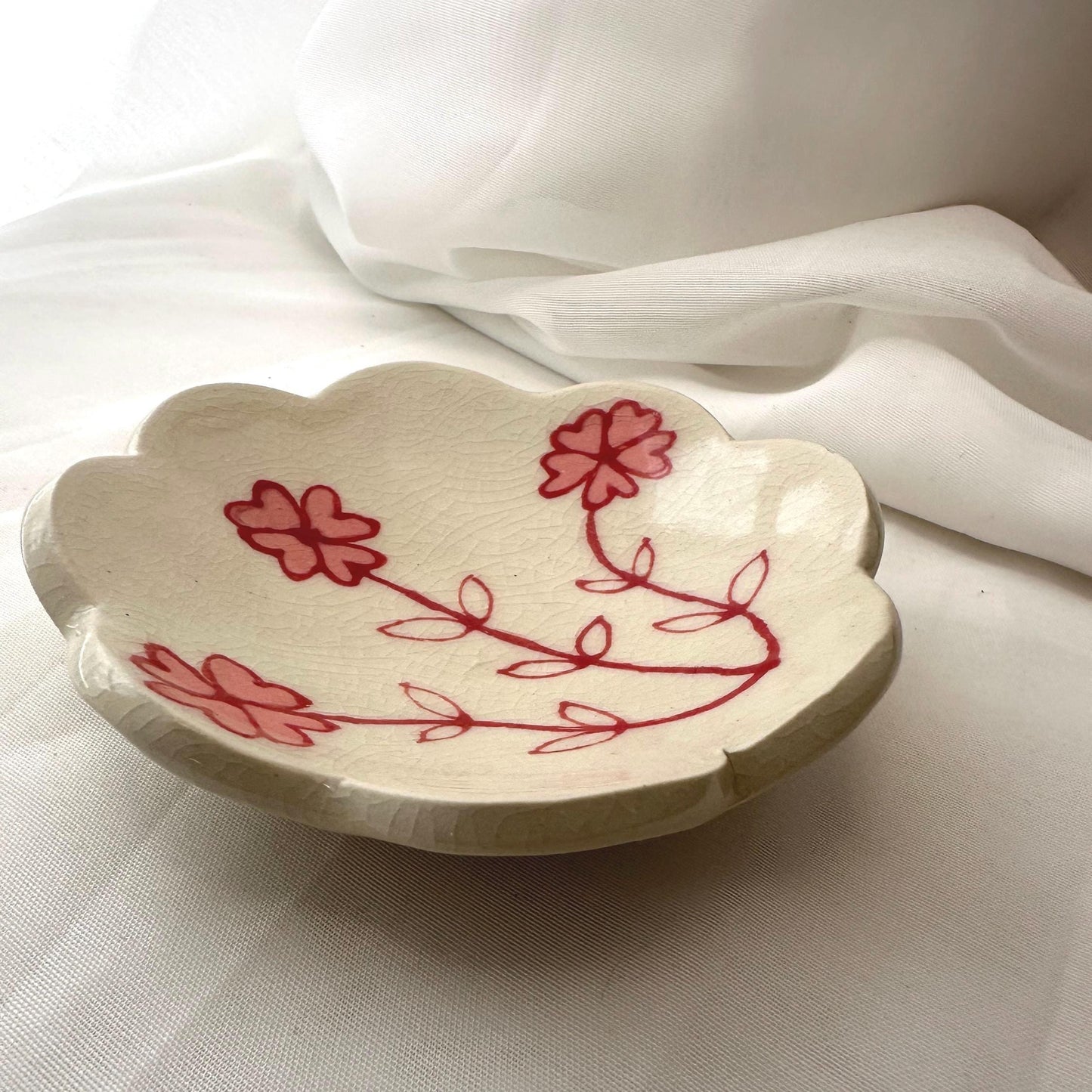 Handmade and hand painted pottery  dish, Scalloped dish with handpainted pink and red underglaze and finished in a clear glaze, 5”