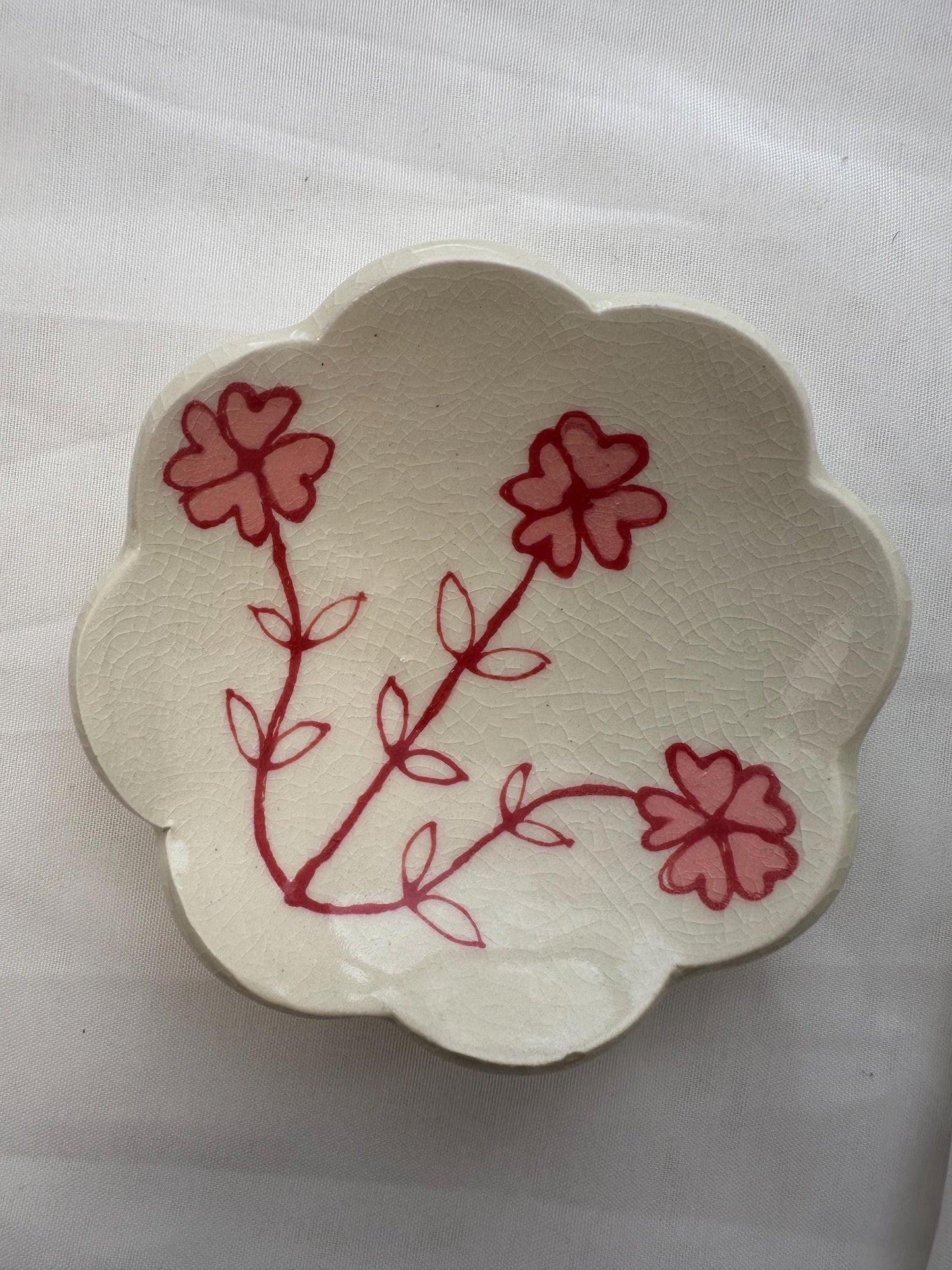 Handmade and hand painted pottery  dish, Scalloped dish with handpainted pink and red underglaze and finished in a clear glaze, 5”
