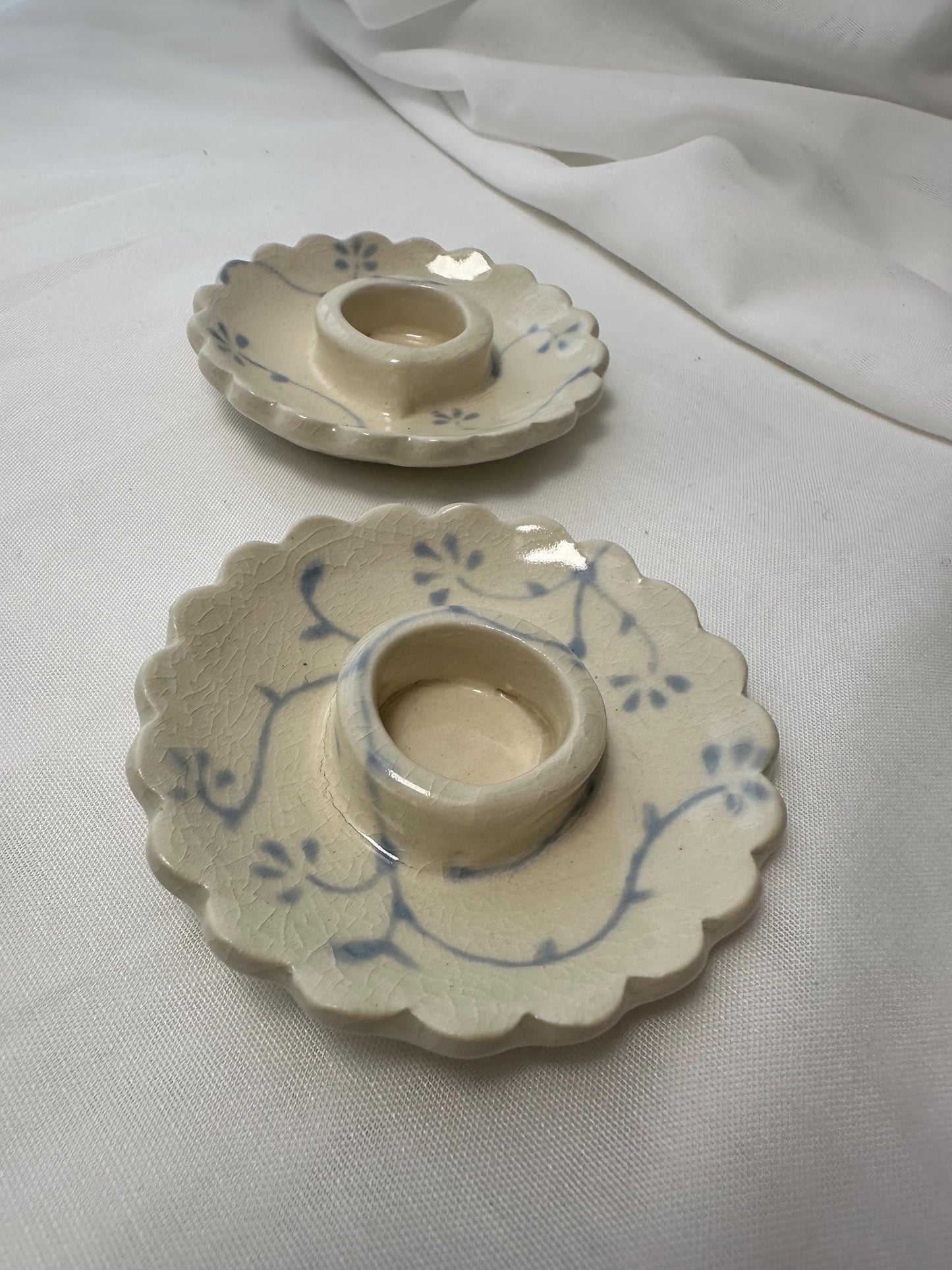 Handmade candle holder, with scalloped edges and handpainted soft blue underglaze, finished in a clear glaze, 3”, Set of Two