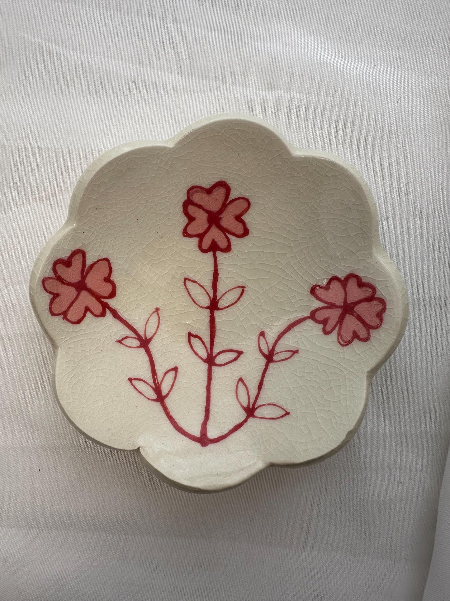 Handmade and hand painted pottery  dish, Scalloped dish with handpainted pink and red underglaze and finished in a clear glaze, 5”