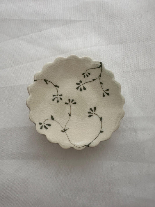 Handmade and hand painted pottery trinket dish,  with handpainted green underglaze and finished in a clear glaze, 3” with foot