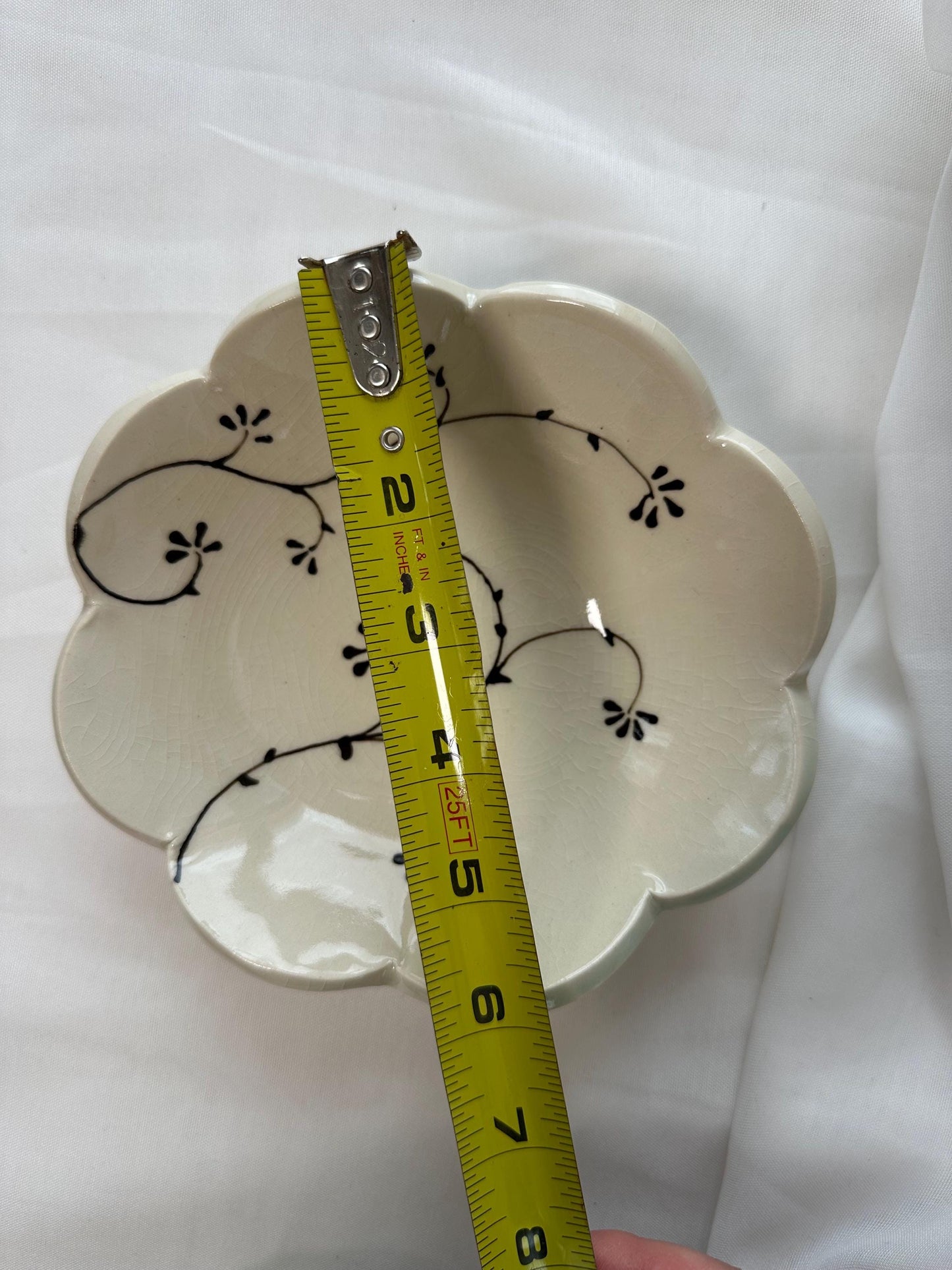 Handmade and hand painted pottery bowl,  with handpainted green underglaze and finished in a clear glaze, 7”