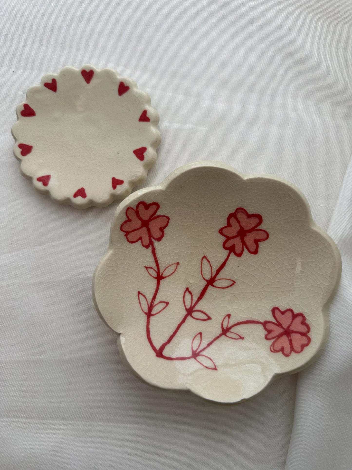 Handmade and hand painted pottery  dish, Scalloped dish with handpainted pink and red underglaze and finished in a clear glaze, 5”