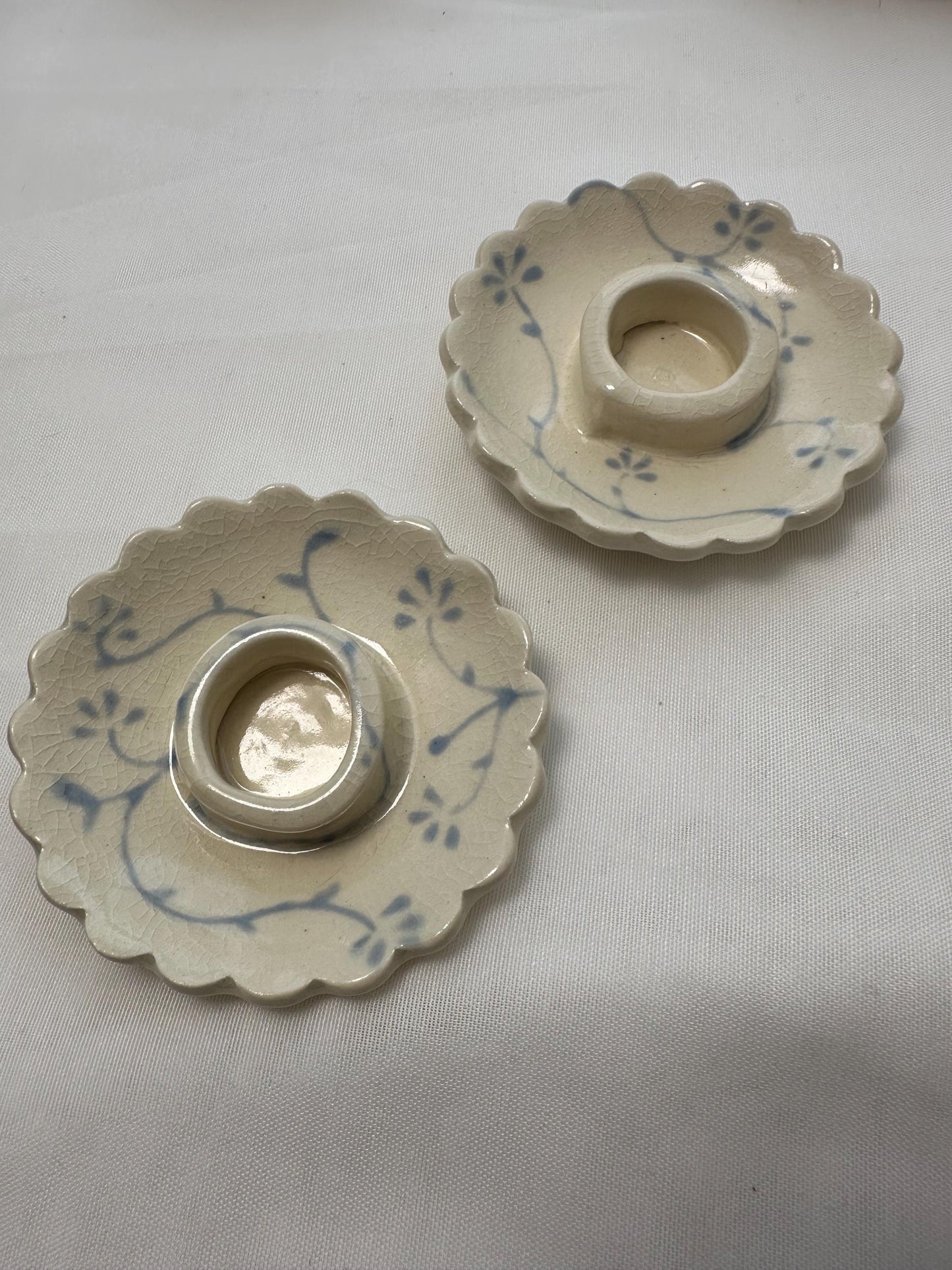 Handmade candle holder, with scalloped edges and handpainted soft blue underglaze, finished in a clear glaze, 3”, Set of Two