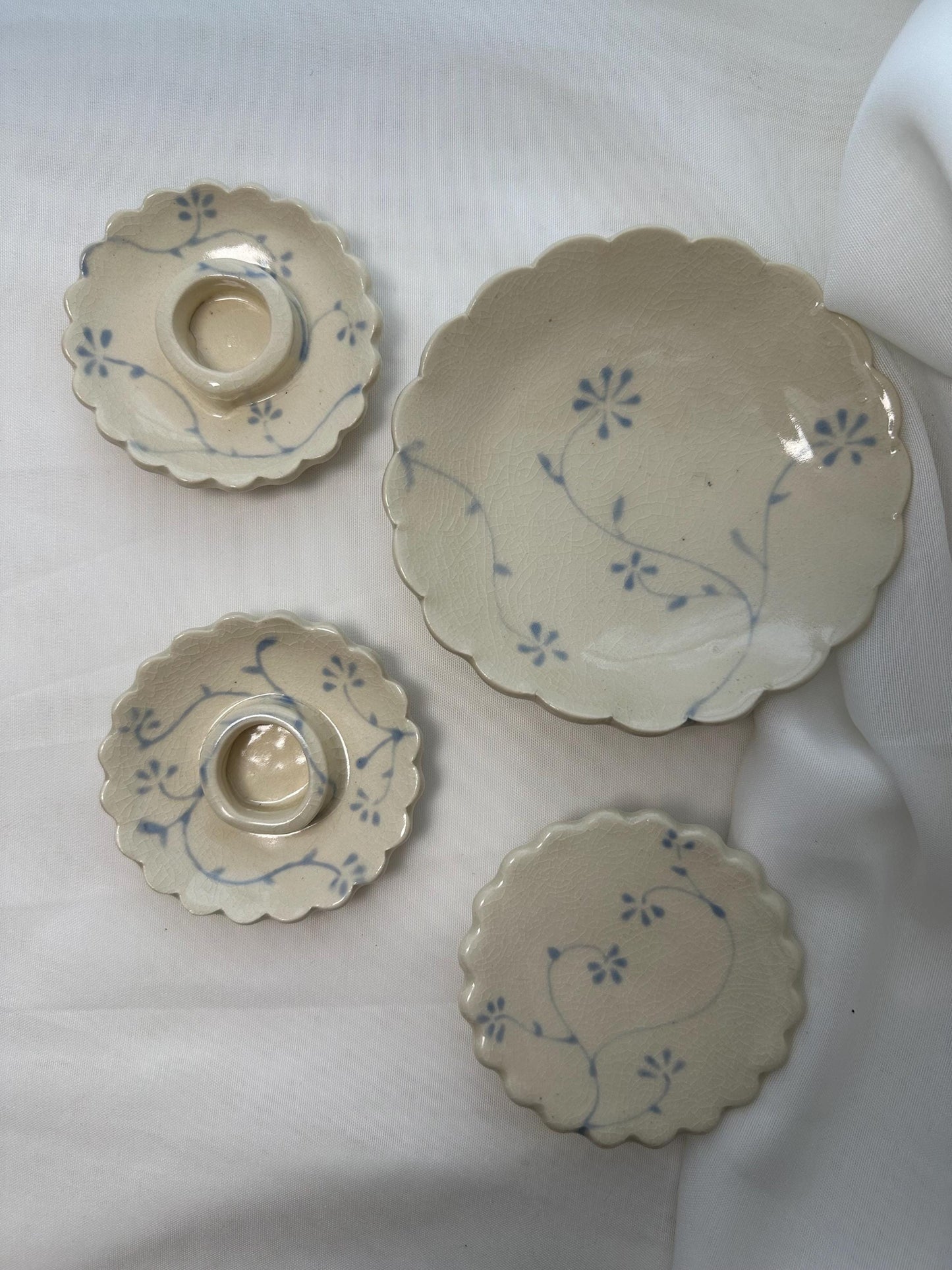 Handmade candle holder, with scalloped edges and handpainted soft blue underglaze, finished in a clear glaze, 3”, Set of Two