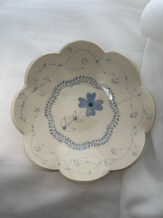 Handmade and hand painted pottery bowl,  with handpainted blue underglaze and finished in a clear glaze, 8”