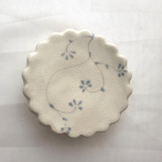Handmade and hand painted pottery trinket dish, with handpainted blue underglaze and finished in a clear glaze, 3” with foot