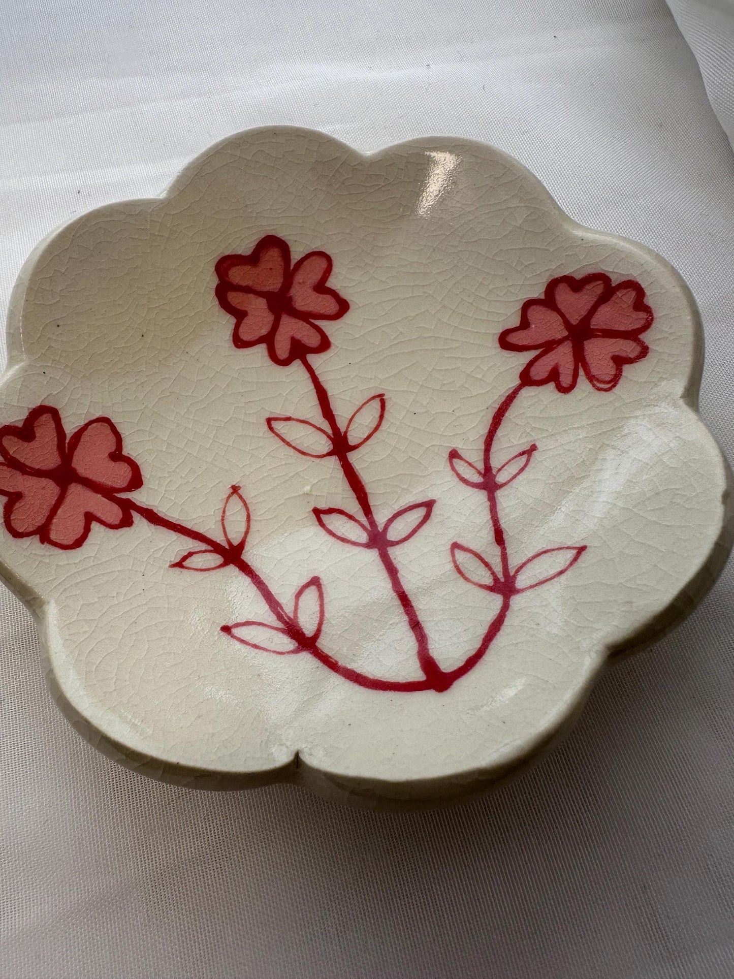 Handmade and hand painted pottery  dish, Scalloped dish with handpainted pink and red underglaze and finished in a clear glaze, 5”