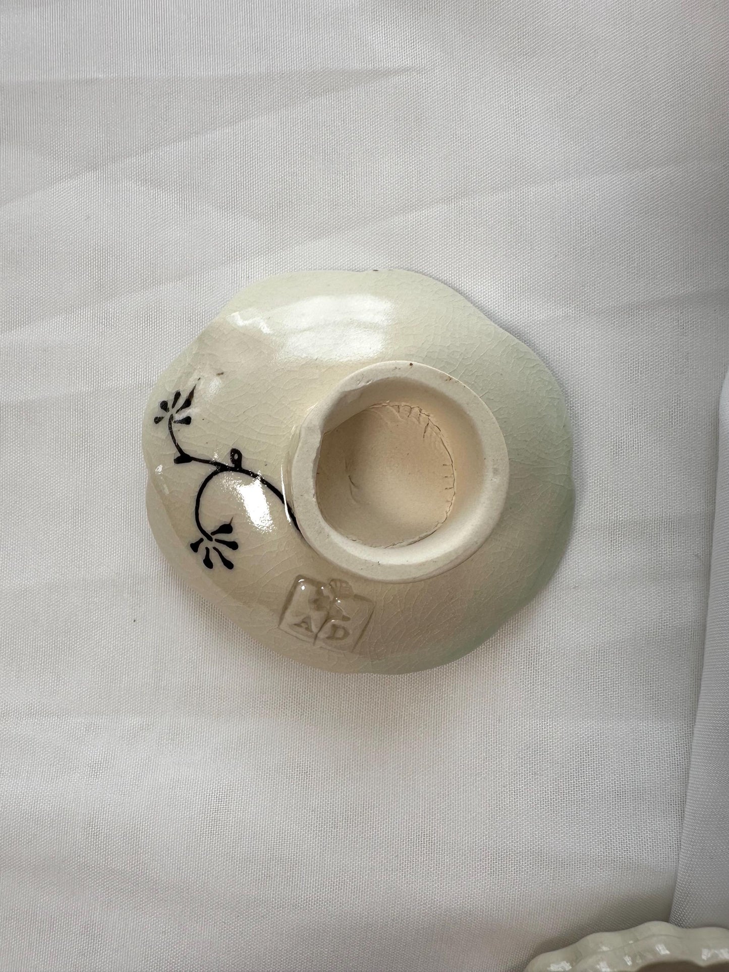 Handmade and hand painted pottery trinket dish,  with handpainted brown underglaze and finished in a clear glaze, 3”