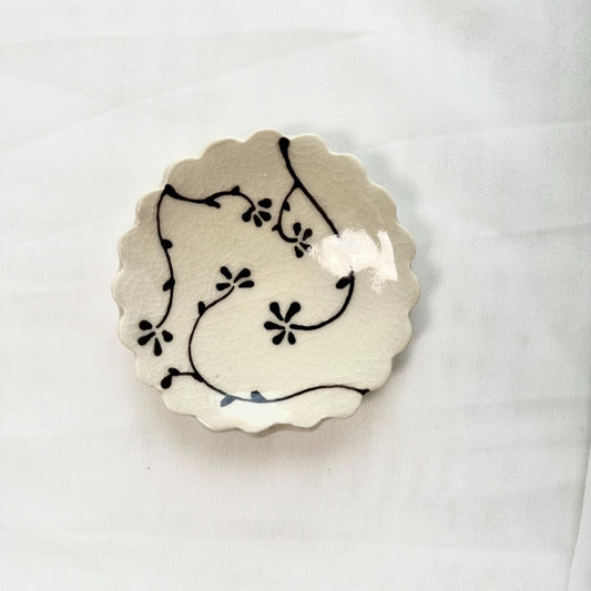 Handmade and hand painted pottery trinket dish,  with handpainted brown underglaze and finished in a clear glaze, 3”