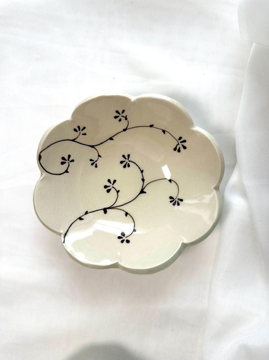 Handmade and hand painted pottery bowl,  with handpainted green underglaze and finished in a clear glaze, 7”
