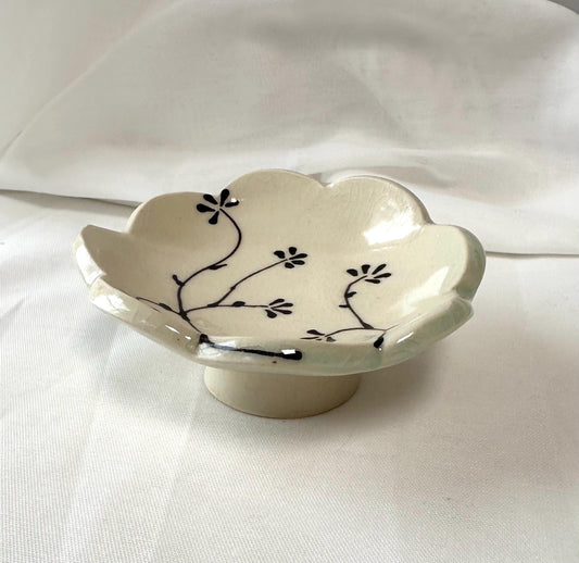 Handmade and hand painted pottery trinket dish,  with handpainted brown underglaze and finished in a clear glaze, 3”