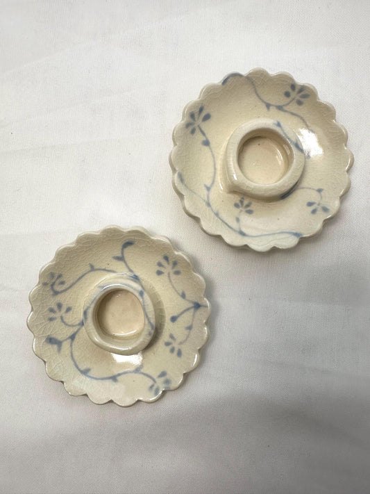 Handmade candle holder, with scalloped edges and handpainted soft blue underglaze, finished in a clear glaze, 3”, Set of Two
