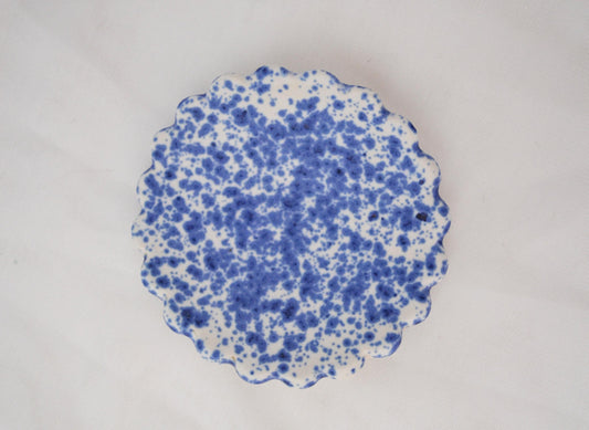 Handmade trinket dish with scalloped edges and vibrant blue splatterware glaze, Matte Finish, 3 Inches Diameter