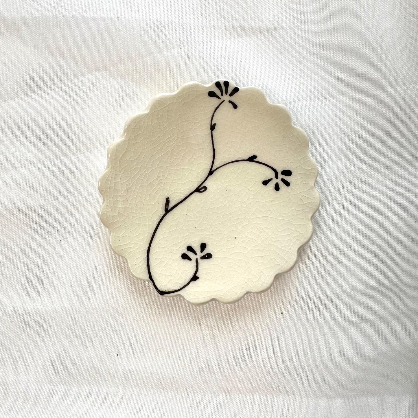 Handmade and hand painted pottery trinket dish,  with handpainted brown underglaze and finished in a clear glaze, 3”