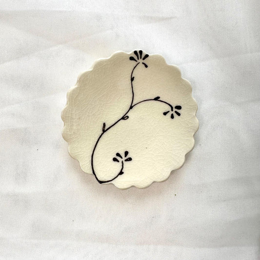 Handmade and hand painted pottery trinket dish,  with handpainted brown underglaze and finished in a clear glaze, 3”